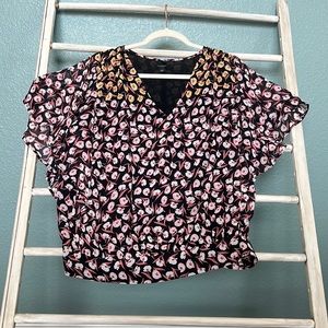 Ann Taylor Factory Women's Floral V-Neck Flutter Sleeve Blouse Black Pink Sz L